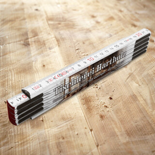 Zollstock mit Metallbeschlag und Aufdruck aus Holz...